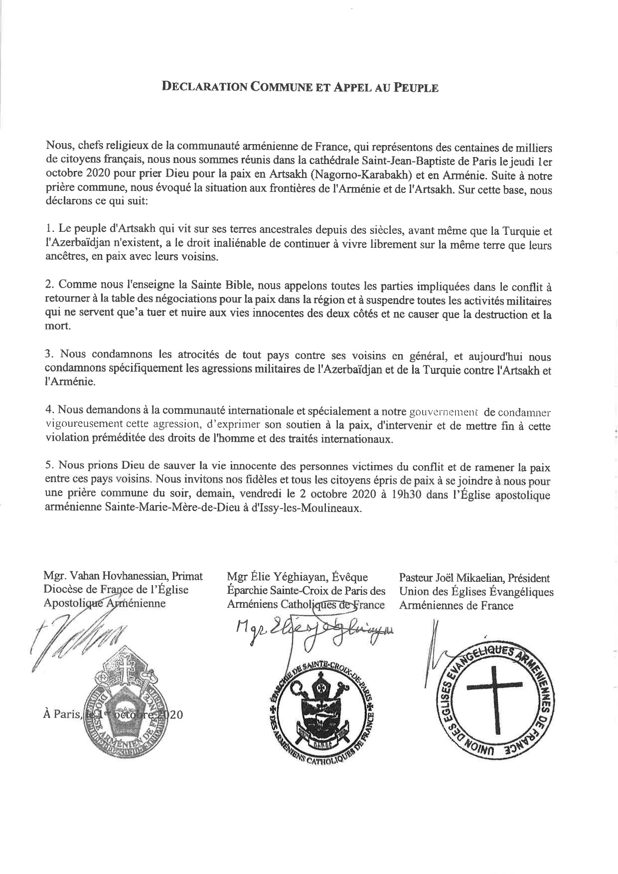 Communiqué des chefs religieux de la communauté arménienne de France